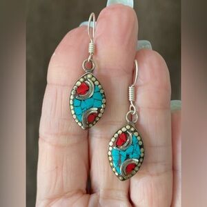 Crushed Turquoise & Coral Tibetan Silver Mosaic Earrings